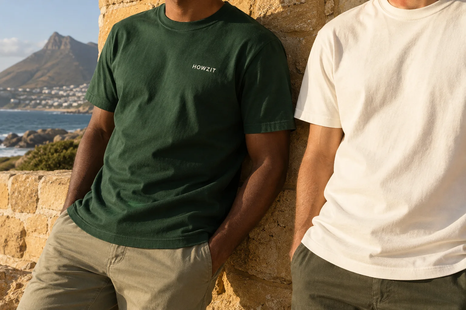 Howzit Tees brand concept, with a heritage tee and warm South African colours